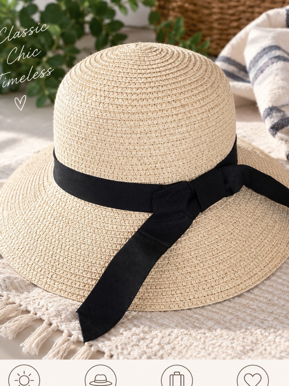 Amazon Beige Straw Sun Hat with Black Ribbon - Women Accessories